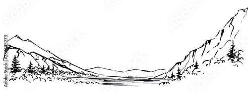 Sketch of lake surrounded by pine and deciduous forest against backdrop of mountain chain, isolated on white background. Black and white hand drawn landscape illustration on paper