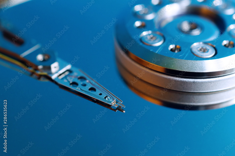 Hard disk drive without cover close up.