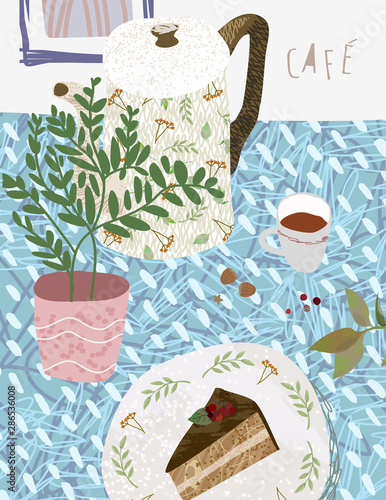 Cafe. Vector cute illustration of a still life on a table in the kitchen. Top view on teapot, coffee, plant and dessert. Drawings of objects of the Scandinavian style hugg