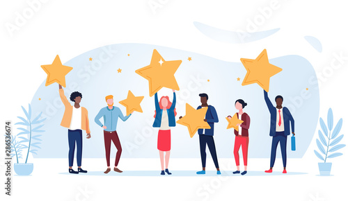 People are holding stars over the heads. Feedback consumer or customer review evaluation, satisfaction level and critic icon concept. Vector illustration photo