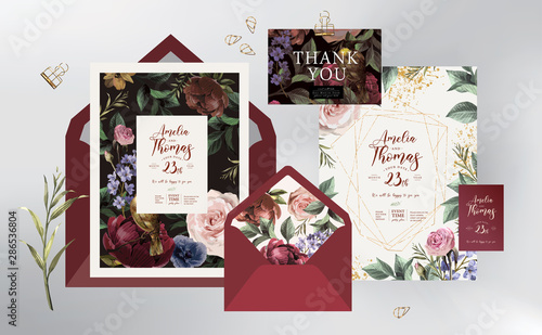 Wedding invitation, save the date or flyer\card for any event and party. Original floral greeting with flowers, plants, leaves and a bird of paradise of happiness