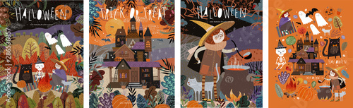 Happy Halloween! Vector illustrations of a picnic with characters: ghosts, a witch and a skeleton; castle in the forest; witch cooking potion and a set of objects. Cute pictures for poster