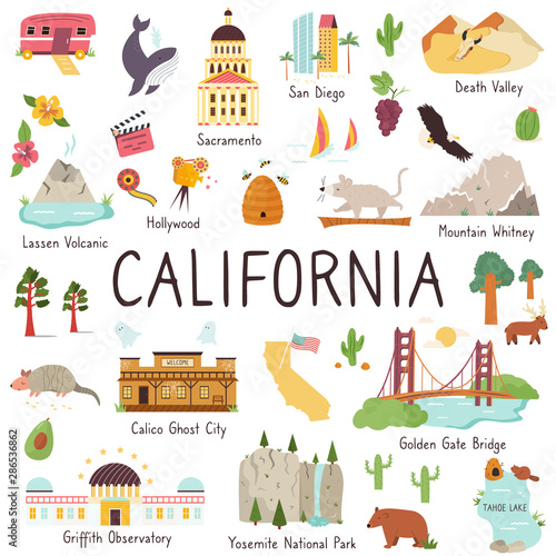 California big set of landmarks, monuments symbols