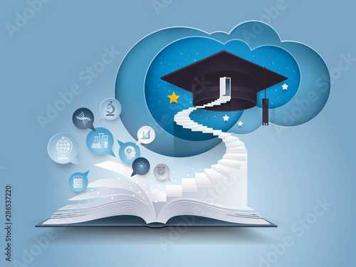 Open book with stair to graduation cap, The door with graduation Hat on top of Staircase, Bubble talk with Education icon