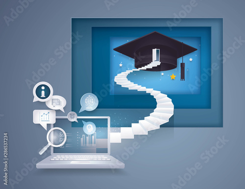 Desktop Computer with stair to graduation cap, The door with graduation Hat on top of Staircase, Bubble talk with Education icon