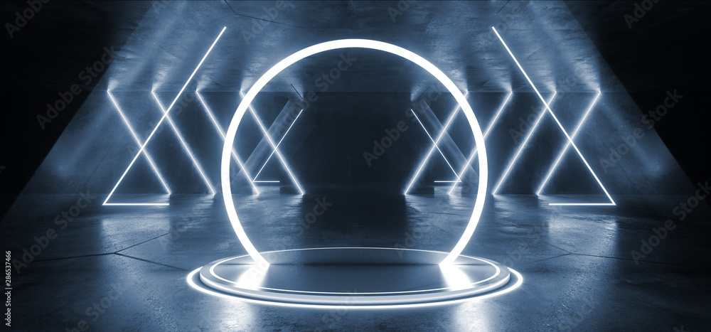 Neon Glowing Circle Stage Futuristic Sci Fi Dark Lights Blue Futuristic Triangle Columns Concrete Grunge Empty Spaceship Tunnel Room Virtual Cyber Laser Beam 3D Rendering