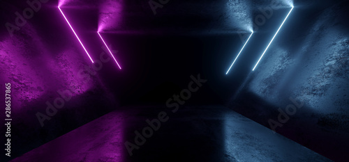 Sci Fi Glowing Neon Lines Tube Lights Futuristic Purple Blue Vibrant Laser Beams Showroom Concrete Dark Empty Background Tunnel Corridor Hall Spaceship Virtual 3D Rendering © IM_VISUALS