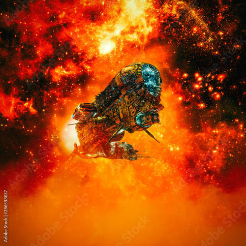 Fire in the sky / 3D illustration of science fiction scene with heavy armoured battle cruiser spaceship flying in fiery galaxy