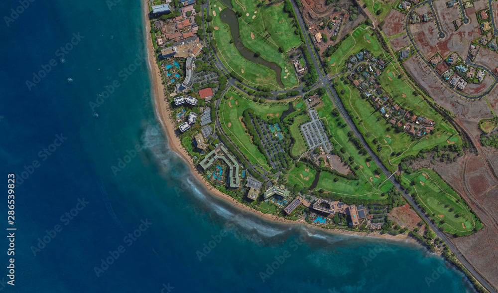 coast of Lahaina Hawaii USA, bird's eye view in 3D