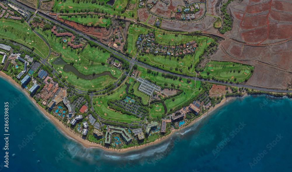 Obraz premium coast of Lahaina Hawaii USA, bird's eye view in 3D