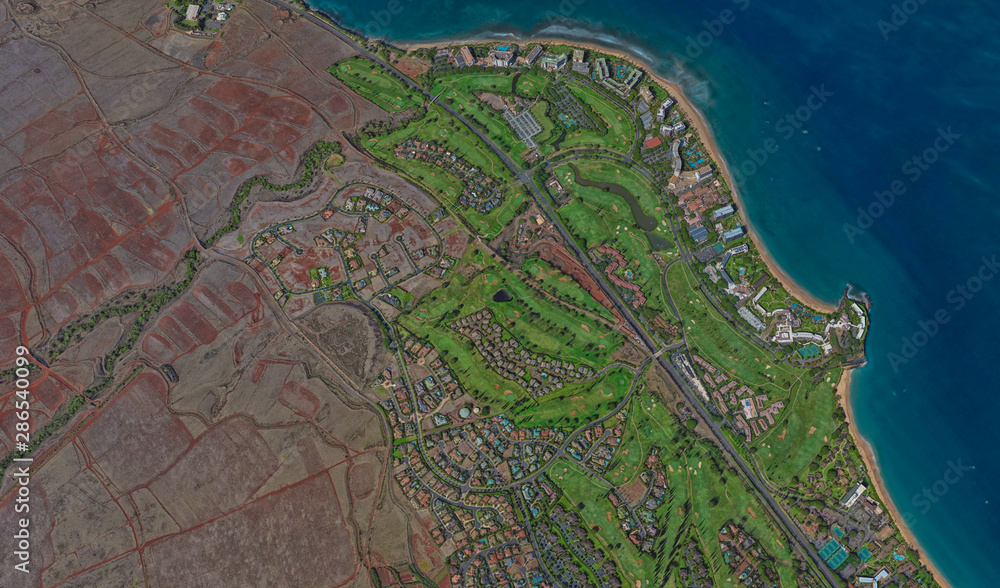 Obraz premium coast of Lahaina Hawaii USA, bird's eye view in 3D
