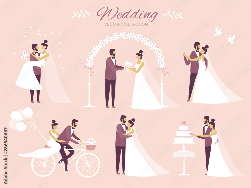 Set of wedding invitation design elements. The perfect design for wedding card. Marriage, bride and groom, love, white pigeons, bicycle, wedding cake, wedding dance, flower arch, pink