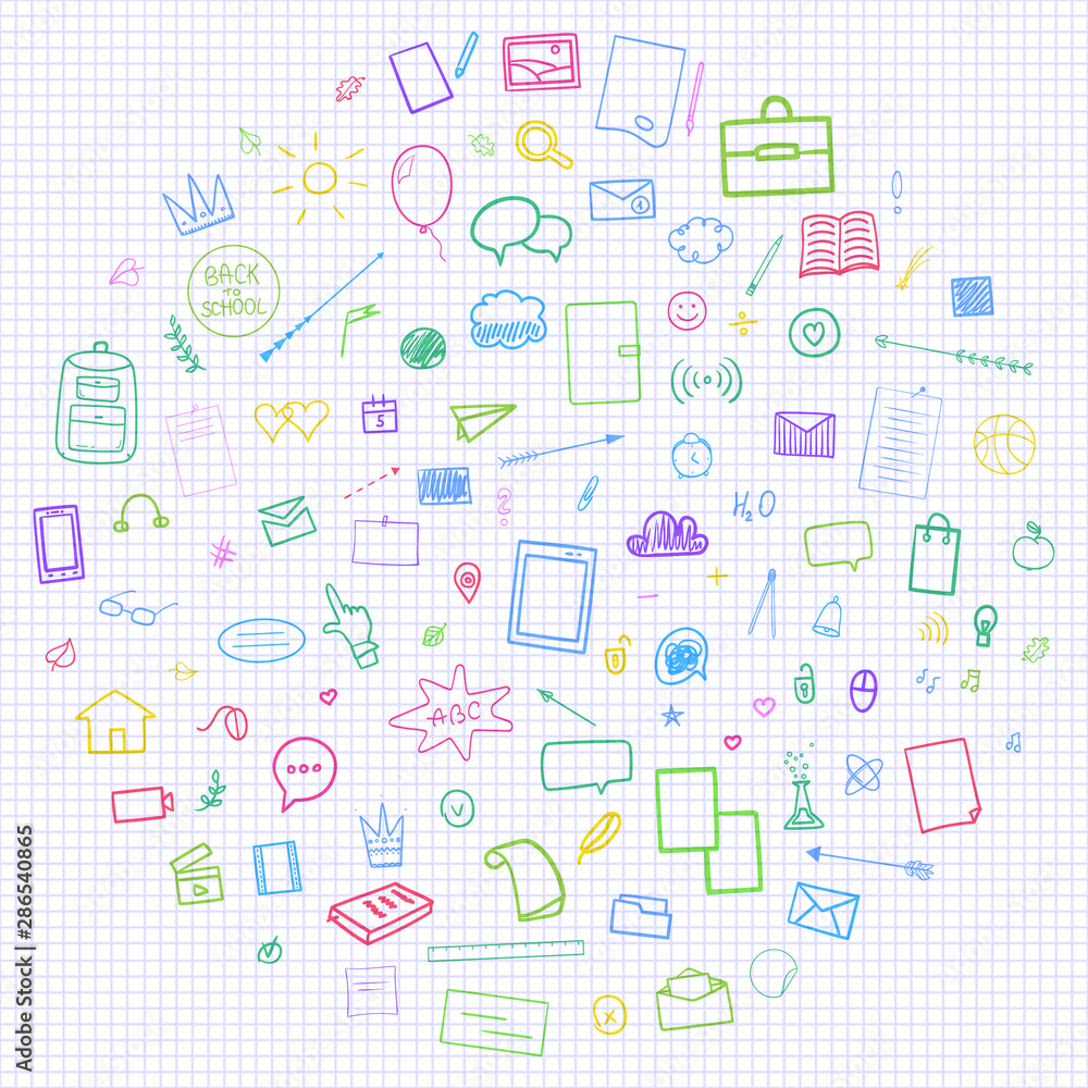 Abstract pattern with school supplies. Graphic paper background. Checkered texture. Back to school. Hand drawn elements. Education concept Abstract pattern with school supplies. Graphic paper background. Checkered texture. Back to school. Hand drawn elements. Education concept