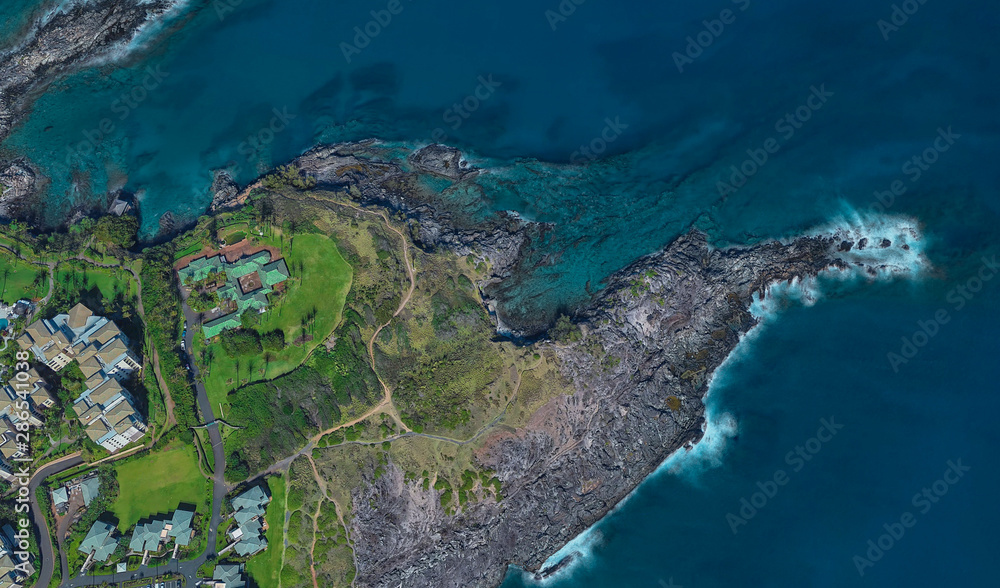 coast of Lahaina Hawaii USA, bird's eye view in 3D