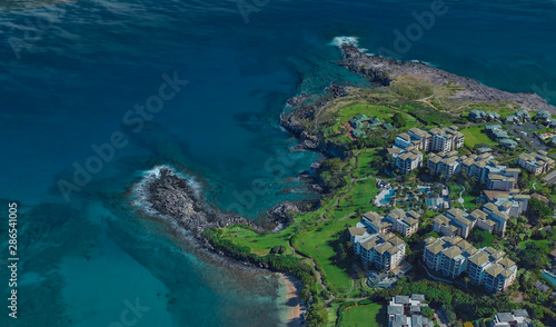 coast of Lahaina Hawaii USA, bird's eye view in 3D