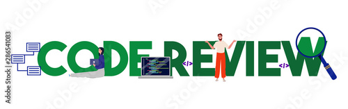 Code review. Programming development and Coding quality concept by programmer. Vector illustration large text