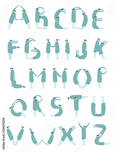 English alphabet with humans. Flat design. ABC cartoon vector. People silhouettes. Girls acrobats characters. Letters. Funny font from people. White background isolated
