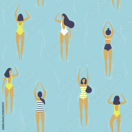 Girls swimming pattern. Summer seamless background. Summertime vector illustration. Flat design. Young women swimming and have good time.
