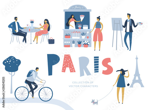 Vector cartoon character. Locals of Paris. Travel poster. Lovers, artist, young woman with dog, bicyclist, flower seller. Flat design, white isolated