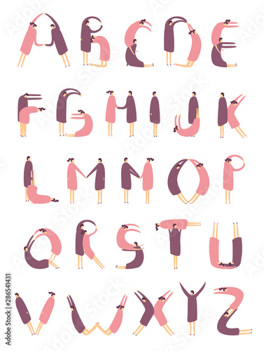 English alphabet with humans. Flat design. ABC cartoon vector. People silhouettes. Girls and boys acrobats characters. Letters. Funny font from people. White background isolated. Love