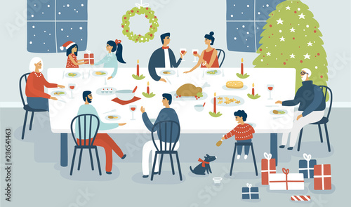 Vector cartoon illustration. Happy family celebrating Christmas at home, eating sweets and opening gifts. Friends, parents, children, grandmother and grandfather have wonderful time.