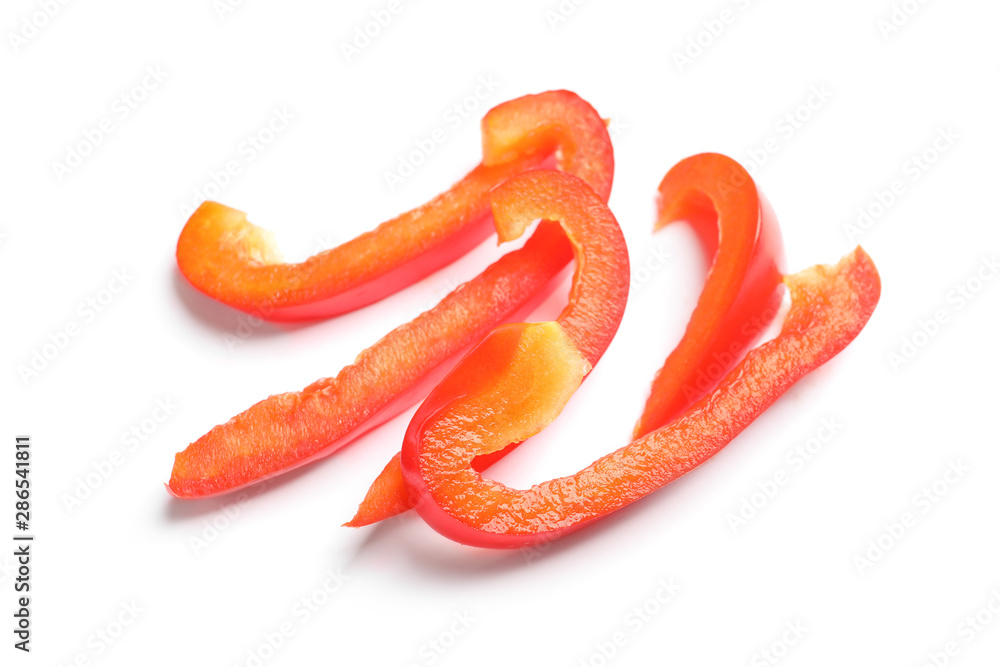 Slices of ripe red bell pepper on white background Slices of ripe red bell pepper on white background
