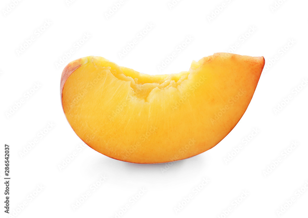 Slice of sweet juicy peach on white background