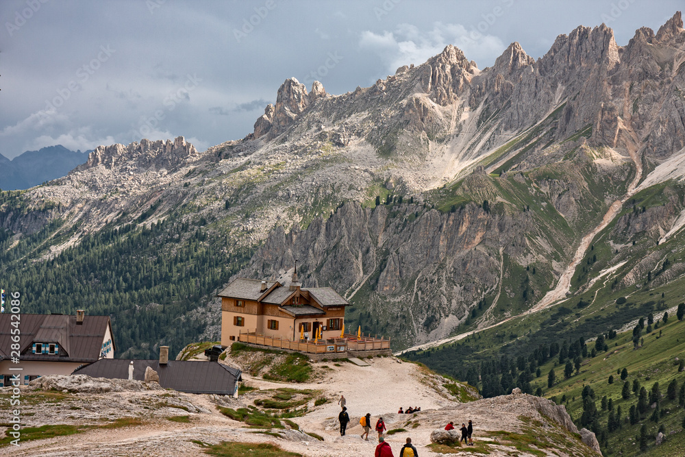 View of the Vajolett refuge in the Catinaccio Dolomites View of the Vajolett refuge in the Catinaccio Dolomites