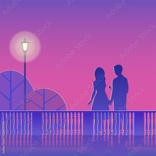 Silhouette of a couple in love in the evening city square with a burning street lamp. A young man gives a girl a flower and declares his love. Vector romantic illustration in lilac colors.