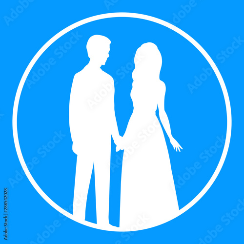 White silhouette of a bride and groom in a round frame on a blue background. Newlyweds hold hands. Vector wedding illustration.