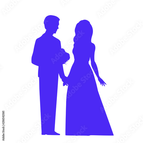 Silhouette of a bride and groom in blue. They hold hands, he gives the girl a bouquet of flowers. Vector illustration for a wedding on an isolated background.