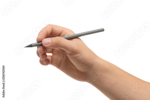Young man holding pencil on white background  closeup