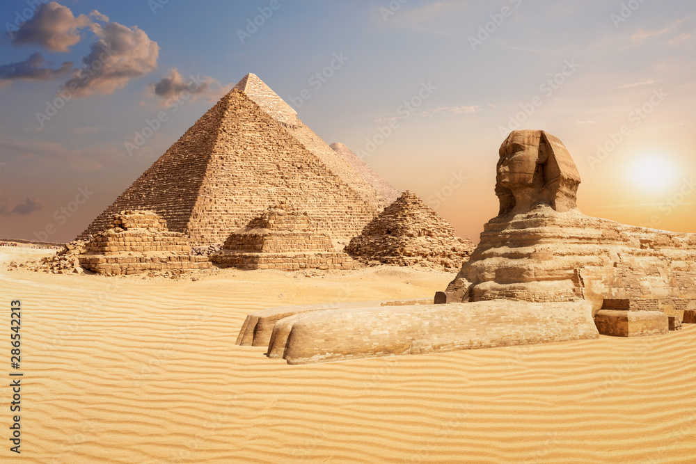 The Pyramids and the Sphinx of Giza, famous world landmark scenery