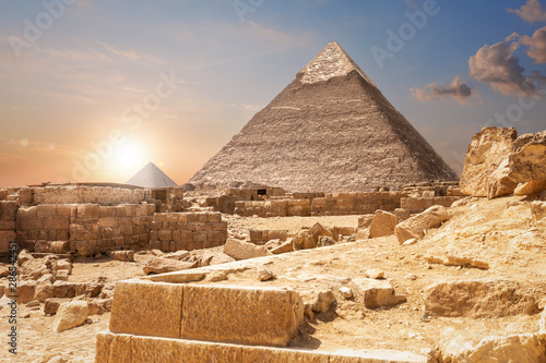 Ruins and the Pyramids, beautiful view of Giza, Egypt