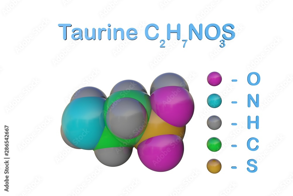 Structural chemical formula and space-filling molecular model of taurine, conditionally essential amino acid. Medical background. Scientific background. 3d illustration