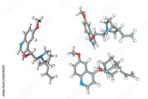 Molecular structure of quinine. Atoms are represented as spheres with conventional color coding  carbon  grey   oxygen  red   nitrogen  blue   hydrogen  white . 3d illustration