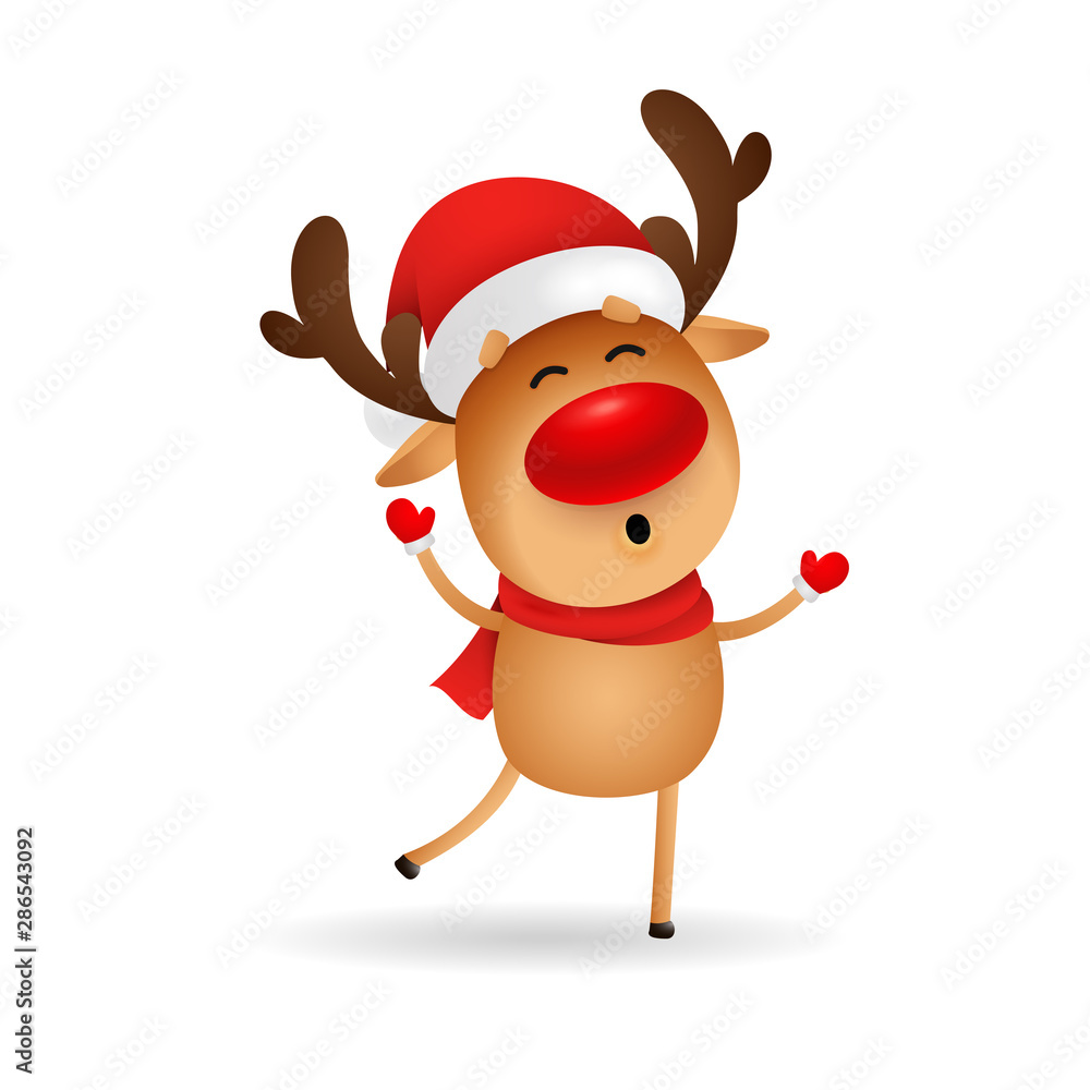 Happy cartoon deer wishing Merry Christmas. Cute reindeer in Santa hat dancing and singing. Christmas concept. Realistic vector illustration for greeting cards, festive banner and poster design Happy cartoon deer wishing Merry Christmas. Cute reindeer in Santa hat dancing and singing. Christmas concept. Realistic vector illustration for greeting cards, festive banner and poster design