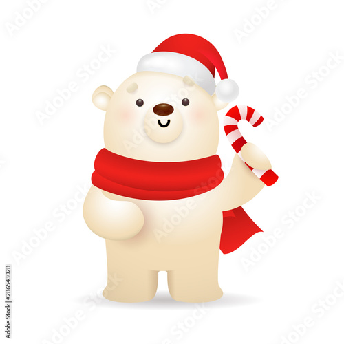 Funny polar bear wishing Merry Christmas. Cartoon character in Santa hat holding candy cane. Christmas concept. Realistic vector illustration for greeting cards, festive banner and poster design © PCH.Vector