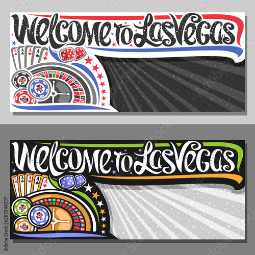 Vector vouchers for Las Vegas with copy space, decorative sign board with illustration of four kind aces and roulette wheel, creative script for words welcome to las vegas on rays of light background.