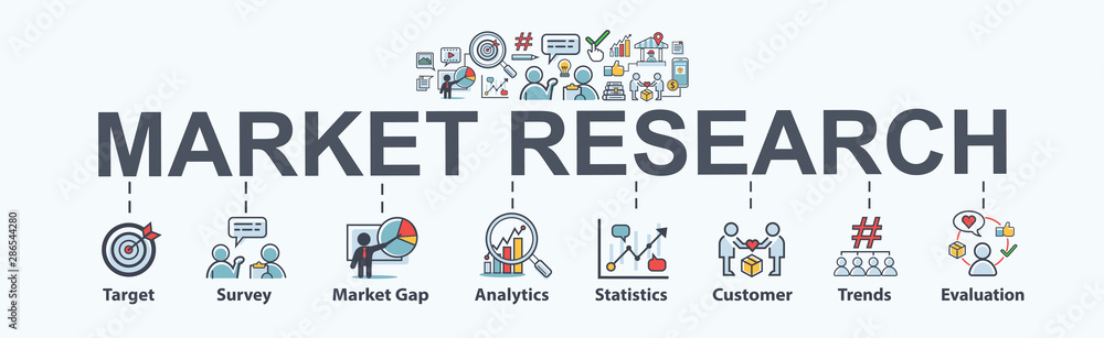 Market research banner web icon for business and social media marketing, target, survey, market gap, customer, trends, analytics and statistics. Flat vector infographic.