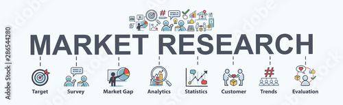 Market research banner web icon for business and social media marketing, target, survey, market gap, customer, trends, analytics and statistics. Flat vector infographic.