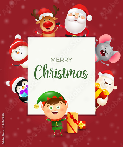 Merry Christmas calligraphy. Celebration banner designer in frame with smiling elf and other characters. Handwritten text can be used for placard, brochure, greeting card © PCH.Vector