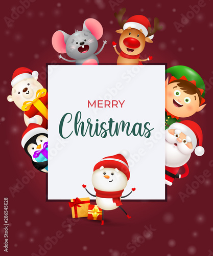 Merry Christmas placard. Smiling snowman in hat dancing in front of Christmas banner with smiling cartoon characters on background. Handwritten text can be used for greeting card, poster, leaflet