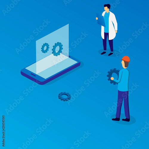 Isometric test lab. Testing smartphone. Vector illustration