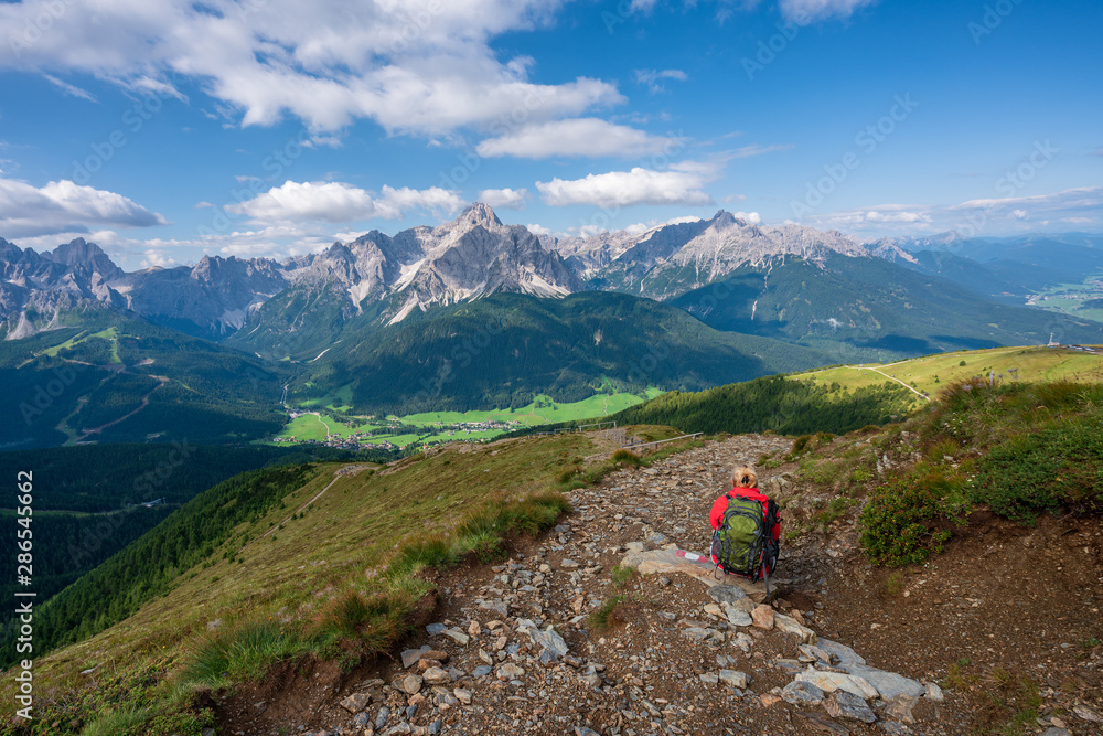Panoramic view on Dolomites, hiking in the mountains