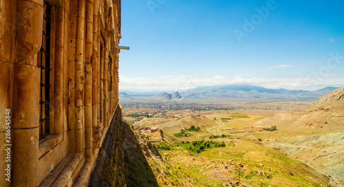 View of dirt roads on the plateau around Mount Ararat, dirt roads and breathtaking landscapes. Ishak Pasha palace. Turkey