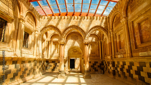 Ishak Pasha Palace, interiors, decorations and bas-reliefs, carved stone. Internal architecture. It is one of the most magnificent historical buildings of the country. Dogubeyazit. Eastern Turkey