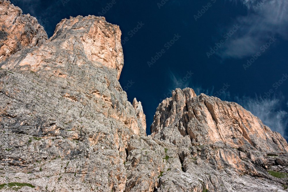 Panoramic view of towers and peaks of the Dolomites of the Catinaccio group Panoramic view of towers and peaks of the Dolomites of the Catinaccio group