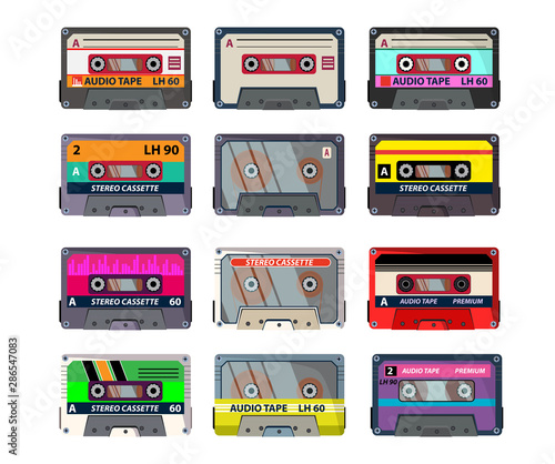 Retro cassettes set. Audio tape, recording, vintage. Music concept. Vector illustrations can be used for topics like analogue technology, music recorder, vintage player