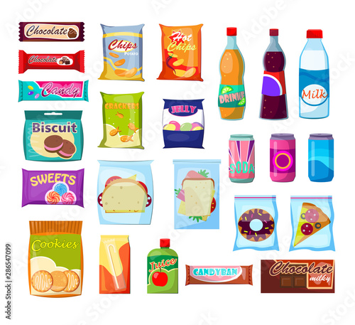 Snack packet set. Bottle, drink, can, sandwich, biscuit. Food concept. Vector illustrations can be used for topics like lunch, plastic pack, product